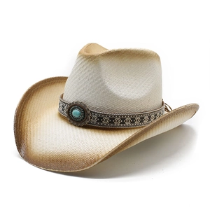 Summer breathable straw cowboy hat with ethnic band and turquoise stone decor