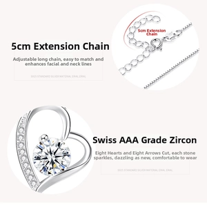 Detail of S925 silver necklace with heart pendant, AAA zircon, and adjustable chain