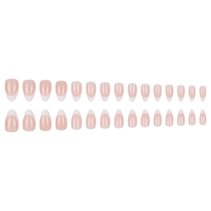 Classic almond shaped press on nails with soft nude pink base and white French tips