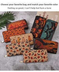 Flat lay of Halloween long wallets with pumpkin and bat prints on cork texture