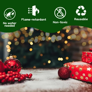Flame retardant artificial snow for Christmas decor showing non-toxic and reusable features