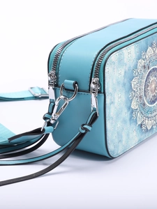 Detail of lake blue PU leather crossbody bag with dual silver zippers and star patterns