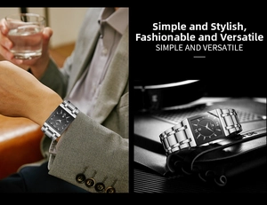 Business style square men's watch with black dial and silver steel strap on a suit wrist