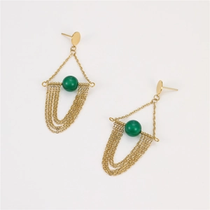 Elegant gold stainless steel geometric tassel earrings featuring a green zircon bead accent