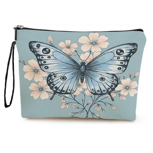 Blue makeup bag with butterfly floral print, featuring a zipper and portable hand strap