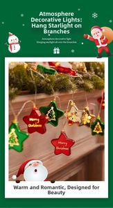 Close-up of star-shaped Christmas LED string lights with festive patterns and merry greetings