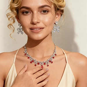 Vintage palace style jewelry set with red teardrop pendant and bowknot rhinestones