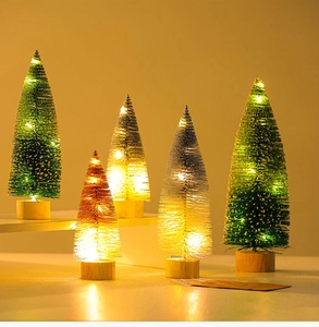 Set of 5 mini glitter Christmas trees with wooden bases and warm LED fairy lights
