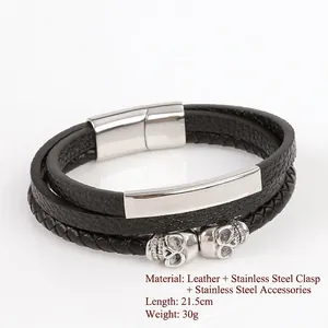 Bracelet multicouche en cuir tressé noir pour homme avec tête de mort en acier inoxydable