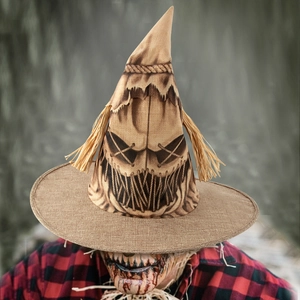Realistic burlap scarecrow witch hat with scary face print for Halloween cosplay party