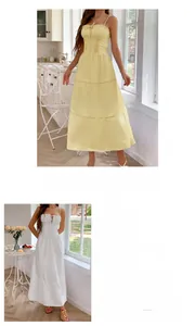 Detail of tiered sleeveless sundress with drawstring chest and hollowed-out seams