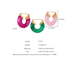 Detailed view of U-shaped resin and titanium steel earrings in vibrant candy colors