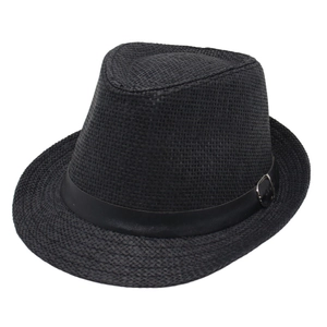 Classic black straw fedora hat with a leather belt strap and silver metal buckle