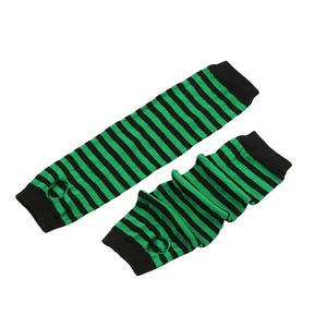 Detail view of green and black striped knitted fingerless long arm sleeves on white background