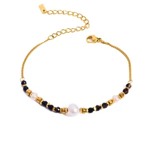 Stylish 18k gold plated stainless steel bracelet with natural stones and white baroque pearl