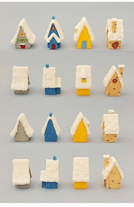Detailed views of miniature snow-covered dollhouse resin cottages for Christmas DIY decor