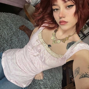 Débardeur Cami Imprimé Fleuri Côtelé Bordure Dentelle Noeud Devant Coupe Ajustée Sans Manches Femmes Été Style Vintage