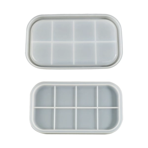 Detailed top and bottom views of an 8-grid rectangular resin tray silicone mold