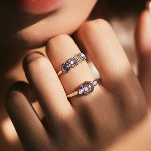 S925 sterling silver ring with multi-faceted purple crystals and shimmering diamonds