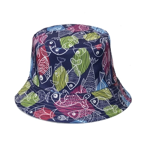 Dark blue bucket hat with colorful abstract fish print and reinforced stitched brim
