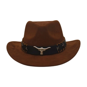 Vintage dark brown felt cowboy hat featuring silver bull head decoration and woven band