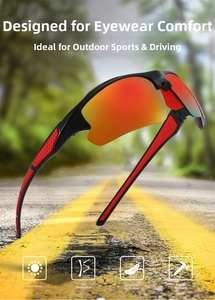 Detail of polarized cycling sunglasses with black red frame and red mirrored lenses