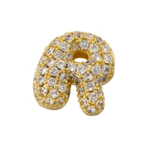 Close-up of gold-plated letter R pendant with sparkling pavé cubic zirconia inlay