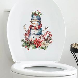 Christmas Snowman Toilet Lid Sticker PVC Waterproof Removable Watercolor Bathroom Home Decor Festive Wall Decal