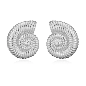 Macro detail of silver ammonite shell earrings with intricate 3D spiral metallic textures