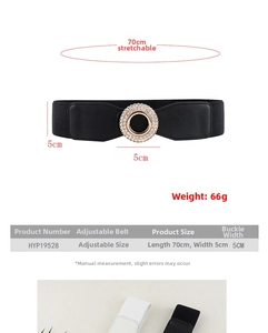 Detailed size chart showing 70cm elastic belt length and 5cm rhinestone buckle width