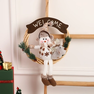 Christmas snowman and deer wooden wreath hanging decor with Welcome sign and pine cones
