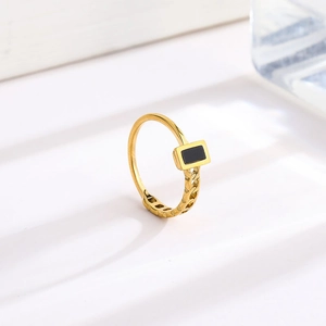 Gold chain ring with black onyx rectangle inlay in minimalist asymmetric style