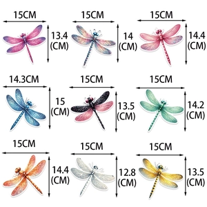 Detailed size guide showing width and height of various colorful dragonfly decorations