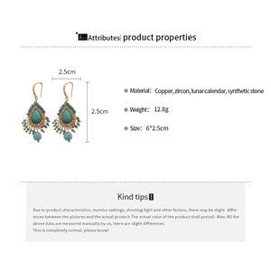 Detail specifications of Bohemian gold drop earrings with turquoise stones and dimensions