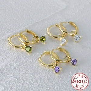 S925 sterling silver heart dangle hoop earrings with colorful zircon gemstones