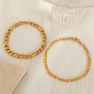 Luxurious gold-tone Figaro and Cuban link titanium steel chain bracelets set