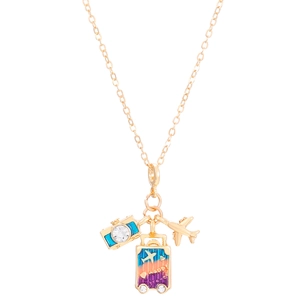 Gouden ketting met camera- vliegtuig- en kofferhangers met blauwe camera-details