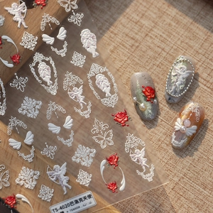 5D Barock-Engel Nagelaufkleber TS-4020 mit Rosen und Relief-Prägung im Vintage-Stil