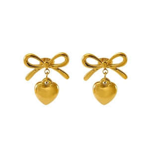 Boucles d'oreilles élégantes en acier inoxydable bicolore avec cœur et nœud doré