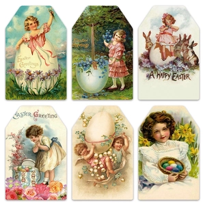 Collection of six vintage Easter gift tags featuring classic floral and rabbit illustrations