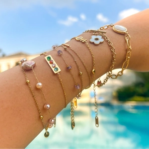 Bracelet En Acier Inoxydable Pour Femme Plaqué Or 14K Double Couche Künstliche Perle Baroque Coquille Zircon Bijoux De Mode