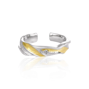 Adjustable Open Ring 925 Sterling Silver Cubic Zirconia Two Tone Plated Twisted Wave Texture Trendy Niche For Women
