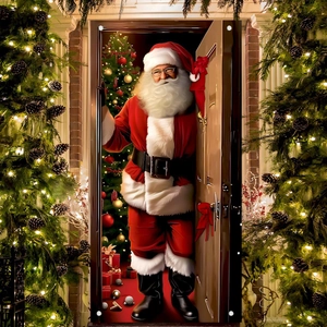 Christmas door cover featuring Santa Claus with glasses and festive tree in a porch setting