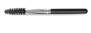 Detail showing professional black spiral eyebrow brush tool with silver metal ferrule