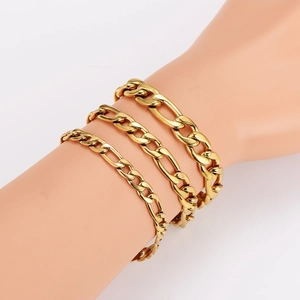 Three gold Figaro link chain bracelets in various widths for men and women
