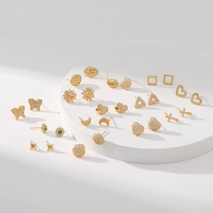 Tiny Copper Stud Earrings 18K Gold Plated Cubic Zirconia Sparkling Elegant Butterfly Heart Cross Geometric Jewelry For Women
