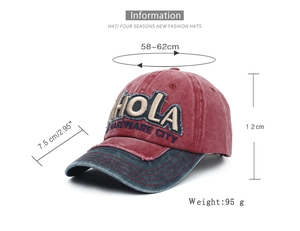Detail view of vintage distressed baseball cap with size specifications and 3D embroidery