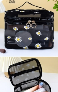 Detail of mesh makeup bag with white daisy prints, top handle and durable metal double zippers