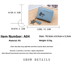 Detailed view of light blue mini PU wallet with size chart and star tassel charm
