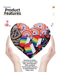 Detail of food grade silicone beads in rainbow and book shapes for DIY crafts